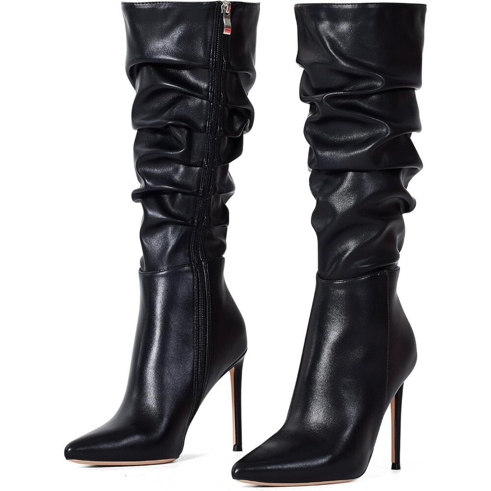 Women's Black-Pu Suede Knee High Side Zipper Pointed Toe Stylish Dress Boot